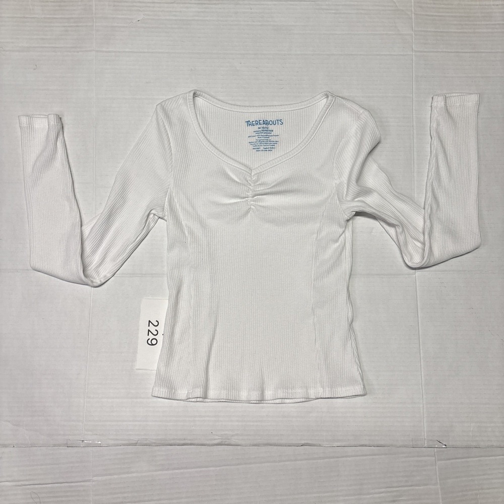 Thereabouts Girls White Ribbed Long Sleeve V-Neck Ruched Top Size M 10/12